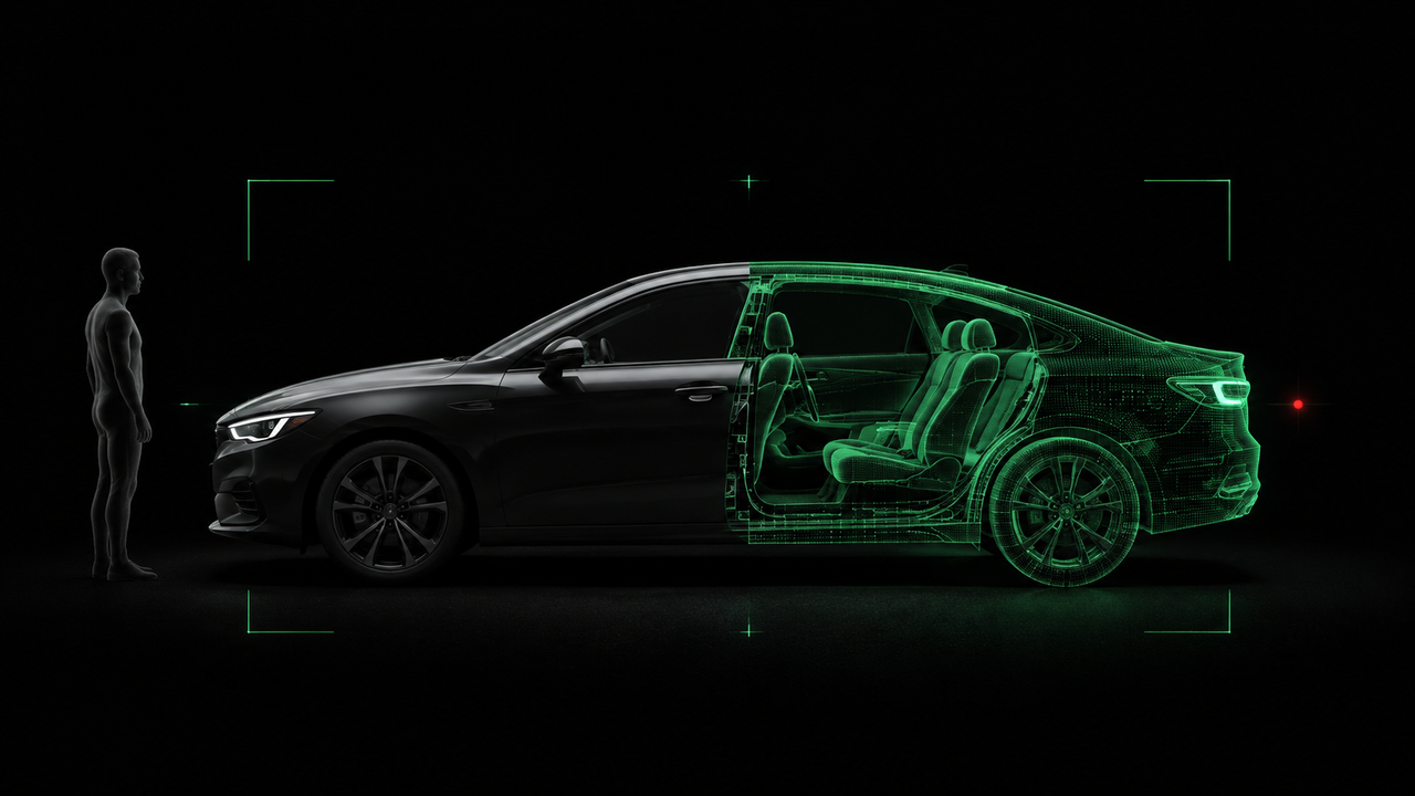 Automobil rozdělený na tmavý exteriér a zelený digitální řez interiérem, vedle lidské postavy použité jako reference skutečného měřítka